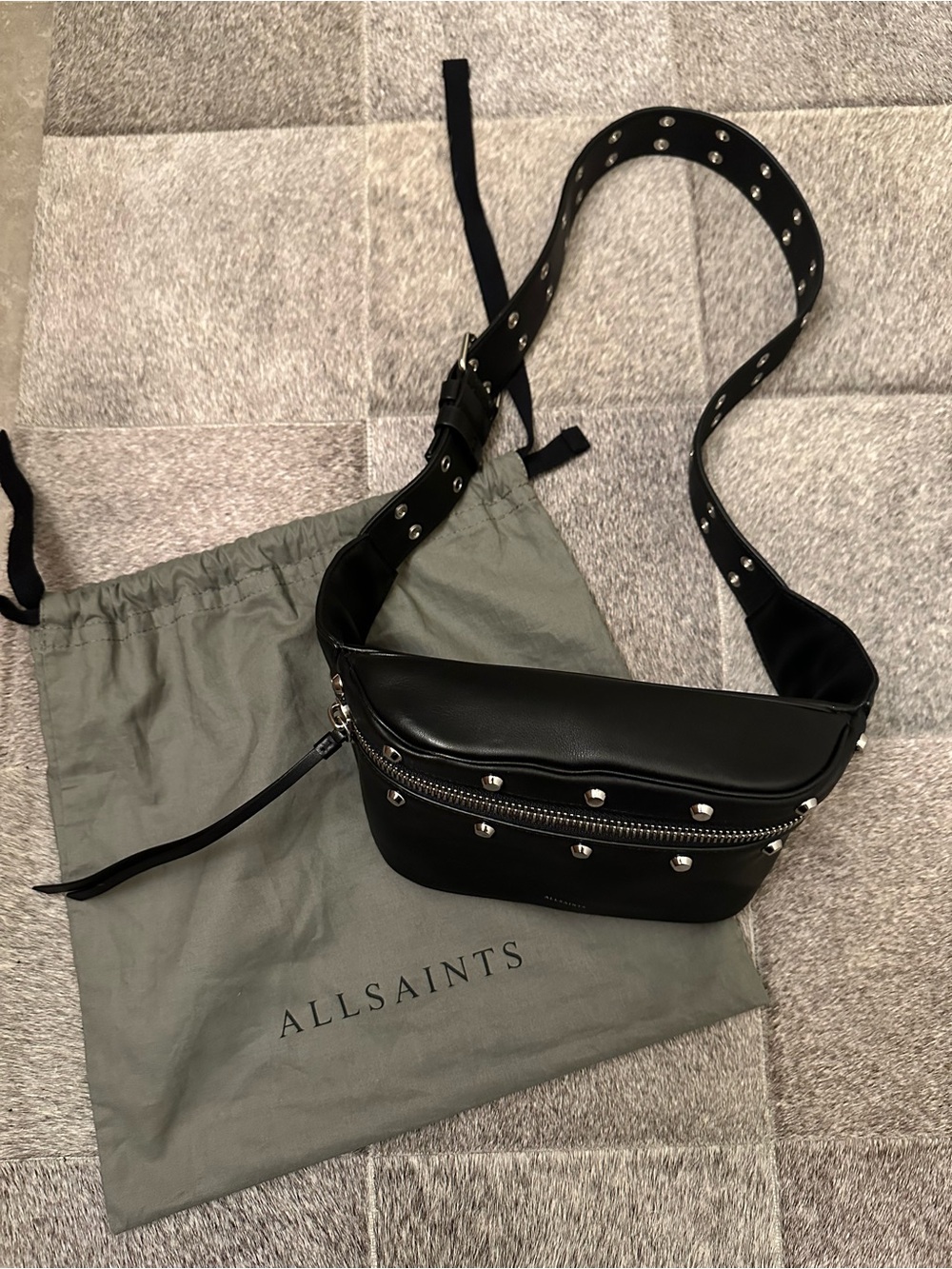 All Saints Sid Studded Leather Belt Bag in Black Leather and Studs